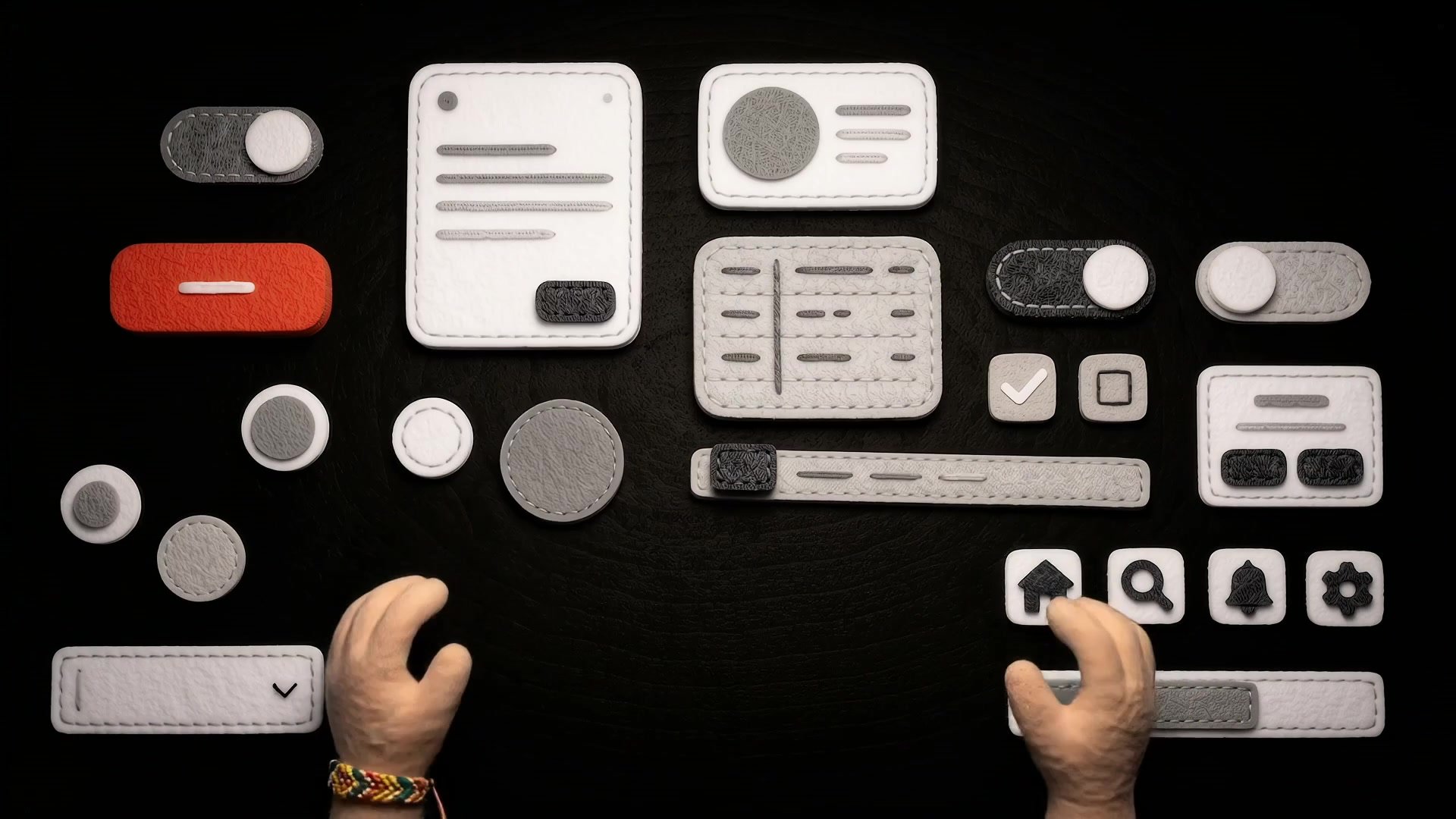 Felt UI parts laid out in rows: toggles, cards, buttons, inputs and icons