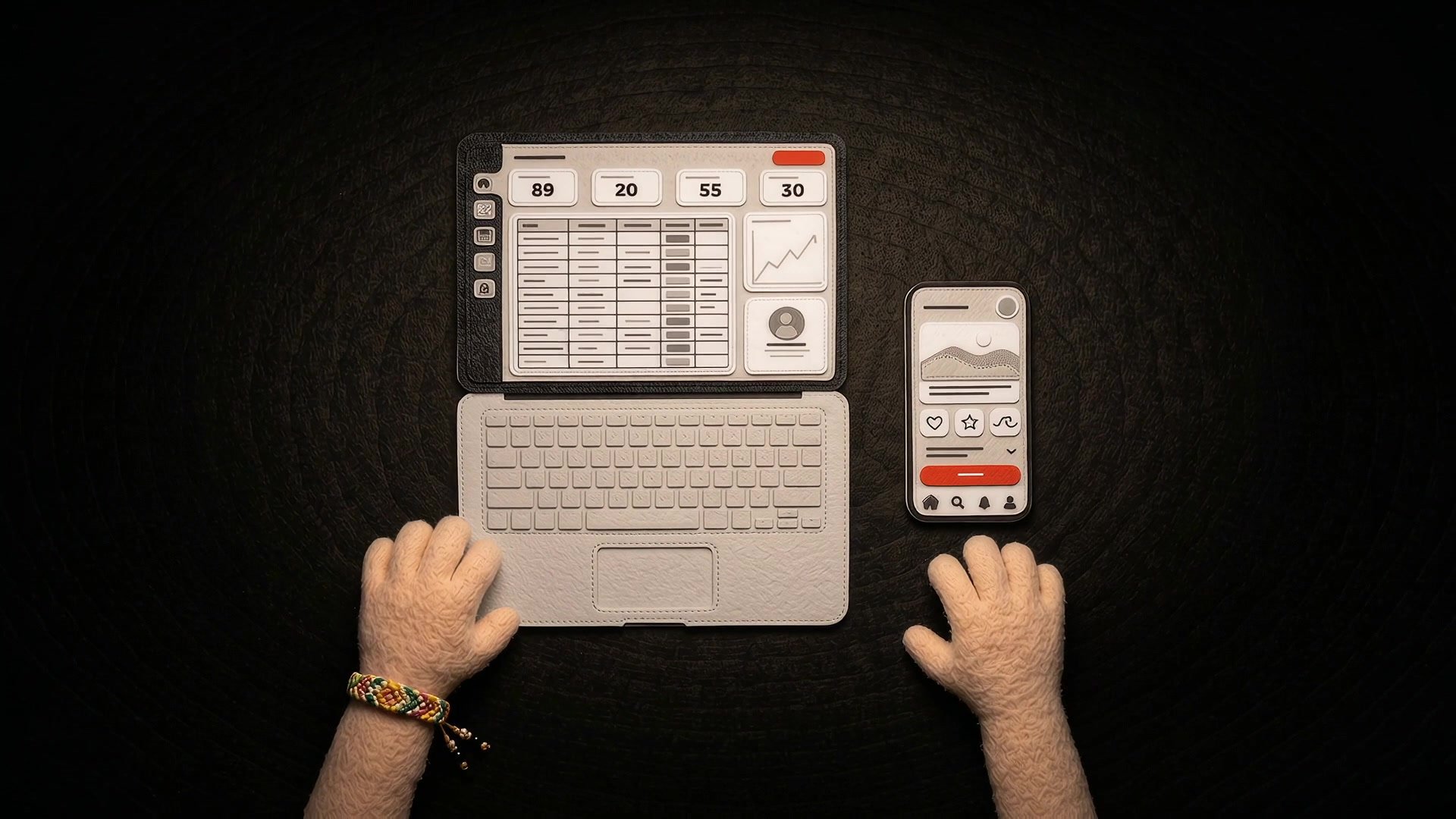 Felt hands beside a finished laptop dashboard and a phone app