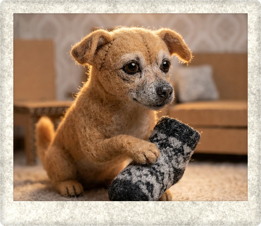 Photo of my felt dog holding a sock